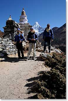 Climbers hike out of Pangboche, headed for two nights in Namche.