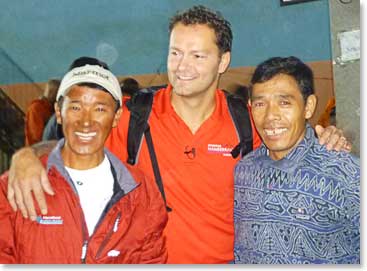 Jamie with Danuru and Kami, who will be one of our climbing Sherpa  for Pumori, 2 generations of sherpas