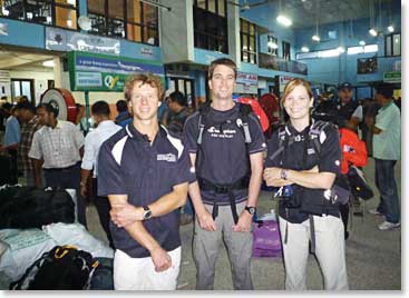 Todd, Charles and Sara patiently waiting at the airport for our flight to Lukla