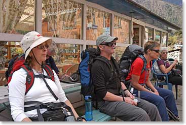 Group stops for a lunch break on their first hiking day