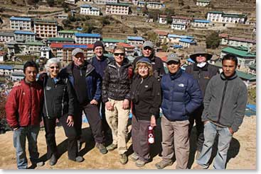 Team and guides looking down into Namche from our lodge