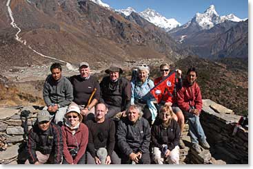 The group at the lookout; Khunde and Khumjung below