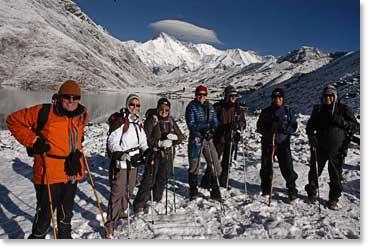 Group standing in front of one of the many beautiful lakes in the Gokyo region