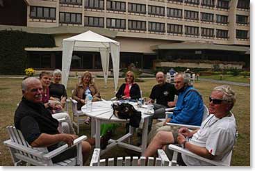 Group relaxing back at their hotel, the Yak and Yeti in Kathmandu