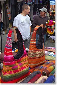 Joachim, our cultural guide, helping Peter with a shopping decision