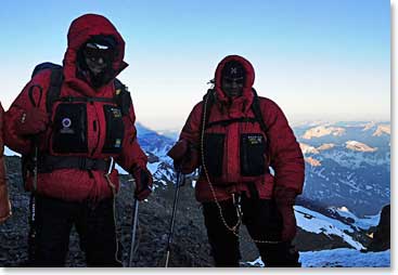 Hugo and Alex in the shadow of Aconcgua on summit day