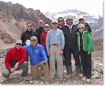 The team together for a photo op with the South Face of Aconcagua on the background.