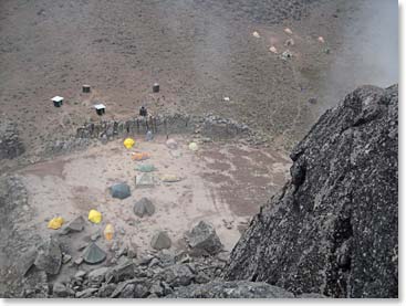 Looking down on Lava Tower Camp from the top of the towe