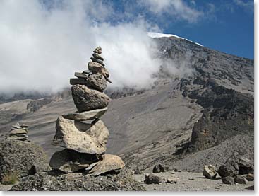 The cairns marking Kossovo Camp.