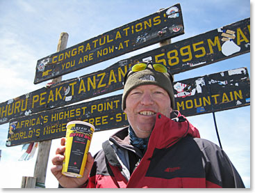 A Beamer's coffee cup makes it to the top of Kilimanjaro.