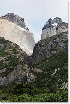 There are many waterfalls in Torres del Paine.
