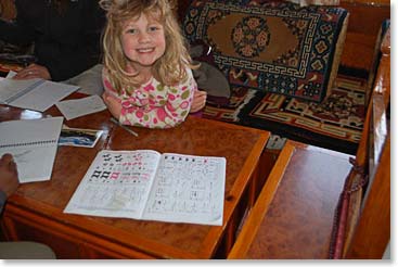 School work continues for the kids each day, regardless of where we are.  Jayla seems to  always smiling in the Khumbu.