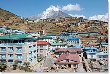 A new mountain shop in Namche has Barbara’s favourite view of Namche right out the store window.