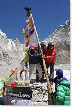 A Chumo, a scared bird of the Himalayas, always arrive when we do pooja.  In this case one has landed on the top of the Prayer flag pole before it is even completely raised.