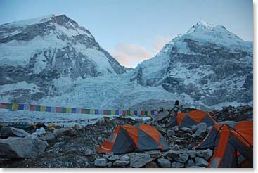 The view of base camp as the sun sets on the night of the 12th.