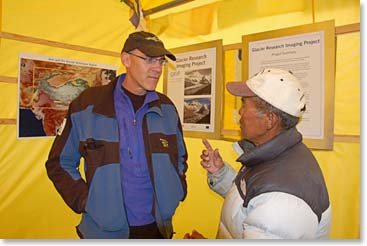 Ang Nima Sherpa, the venerable “Icefall Doctor” visits with another of this season’s expedition leaders