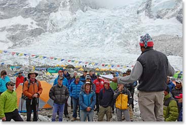 Ang Dorjee speaks to the assembled group of team leaders and climbers from a high point of ice on the moraine.  The Hanesbrands Camp is a jumble of ice and rock, but it will be home for the next weeks as Jamie climbs higher on the mountain.