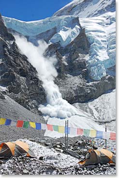 The steep Lho La, the pass leading to Rongbuk Glacier in Tibet, is a frequent funnel for moving ice.  The debris cone at the bottom is where this material finally rests.