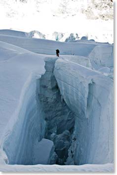 The route crossed this thin ice bridge, which spans a crevasse that is typical of many that we cross in the Icefall.