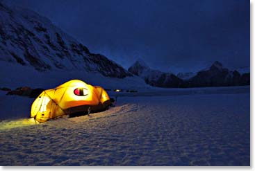 Our Champion tent illuminated in the cold night at 19,100 feet.