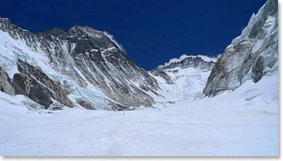 Looking up the famous Western Cwm, Everest on the left, the fourth highest mountain in the world, Lhotse, in the center.