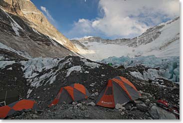 Camp II, 21,200 feet, with the  Lhotse Face in the background.