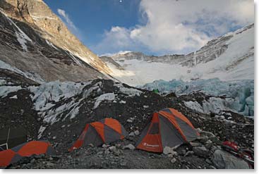 Camp II, 21,200 feet, with the Lhotse Face in the background.