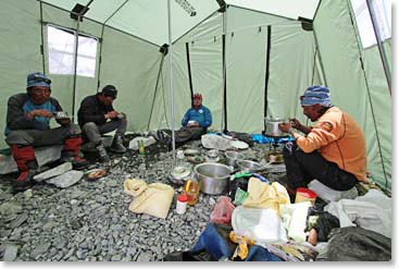 We have a big tent at Camp II! Soup break while we are setting up camp.