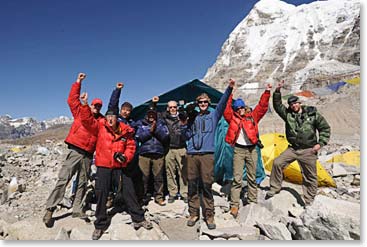 Early morning on a  clear beautiful day at Base Camp.   The support team cheers for Jamie’s success on Everest.  