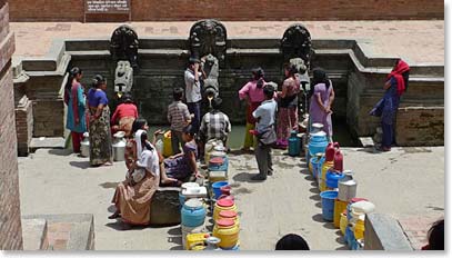 People line up for water in Kathmandu during the water shortage here