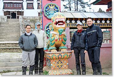 The team gathers outside the Tengboche Monastery