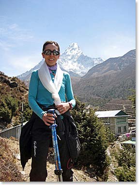 Ljerka in Pangboche with Ama Dablam in the background