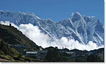 The view of Mount Everest and Lhotse from Ang Temba's house.