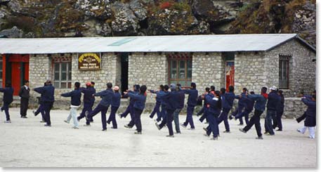 High school excercise training at the Sir Edmund Hillary School in Khumjung.