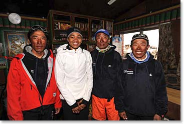 In our lodge at Lobuche we met Jamie’s climbing Sherpas who were going to their homes for a two day rest after carrying loads all the way to the South Col at 26,000ft on two different days.