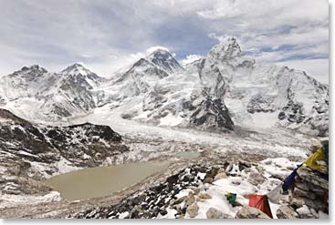 The panaroma from the top.  Mount Everest is the dark triangle in the rear with a cloud on top.