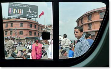 It's hard to get around the streets right now in Kathmandu, but luckily as tourists, we are allowed to drive.