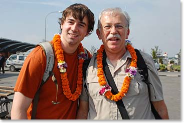 Father and son team, Andrew and Doug Welland, arrive at the airport in Kathmandu.