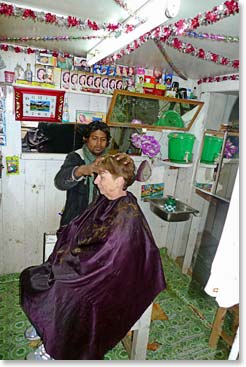 Brenda getting a haircut at the local barber