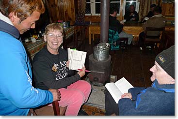Brenda playing Sudoku at the lodge