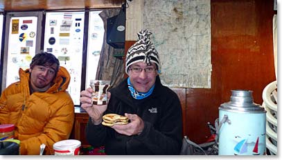 Trevor had a special breakfast: triple-layer pancake to have energy for the hike.