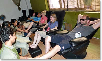 The entire team has a foot massage back in Kathmandu.