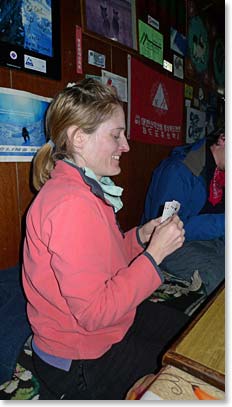 Marta is always up for a card game at the end of a long day of hiking