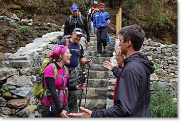 We cross paths with the other Hanesbrands team on the trail. They're on their way down to Lukla today.