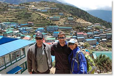 Steve, Charlie and Allison overlooking the rooftops of Namche.