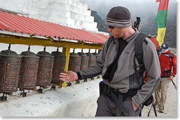 Steve with some prayer wheels at the monastery