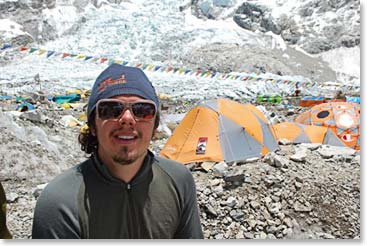 Drew with the Champion tents of Hanesbrands Everest Base Camp.