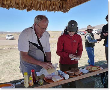 Having a snack in Tiwanaku after our visit