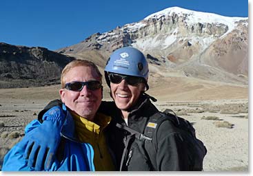 Tim welcoming his wife, Terri, back to base camp