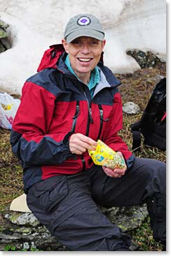 Linda enjoys a lunch stop at 9,400ft/2,865m. We climbed over 2,000 feet today.